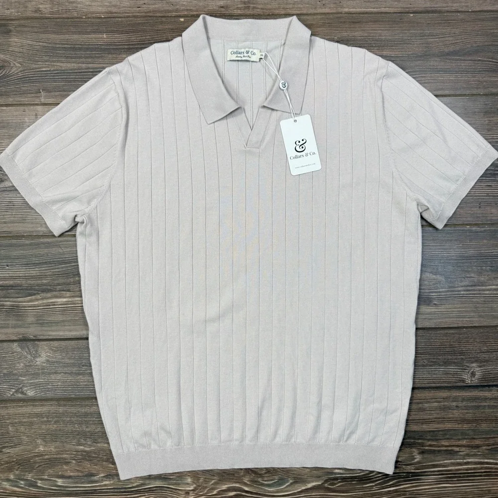 Collars & Co Mens Size 3XL Polo Shirt Beige Ribbed Luxury Knit Silk Blend NWT